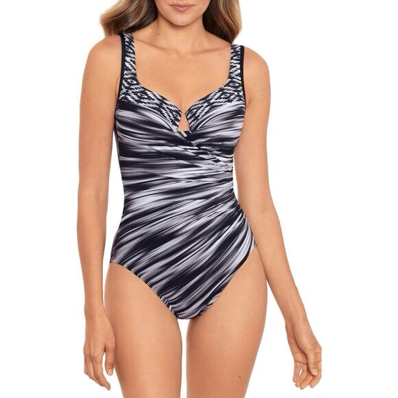MIRACLESUIT Warp Speed Escape One Piece Swimsuit Underwire Black White Size 8 - Picture 1 of 11